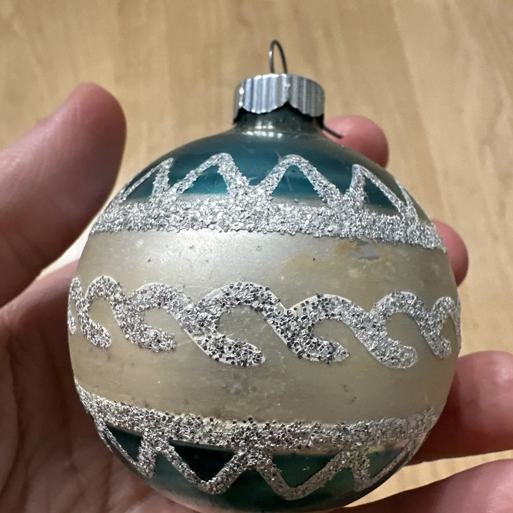 3 Vintage Shiny Brite Blue Silver Glitter Glass Christmas Ornaments MCM